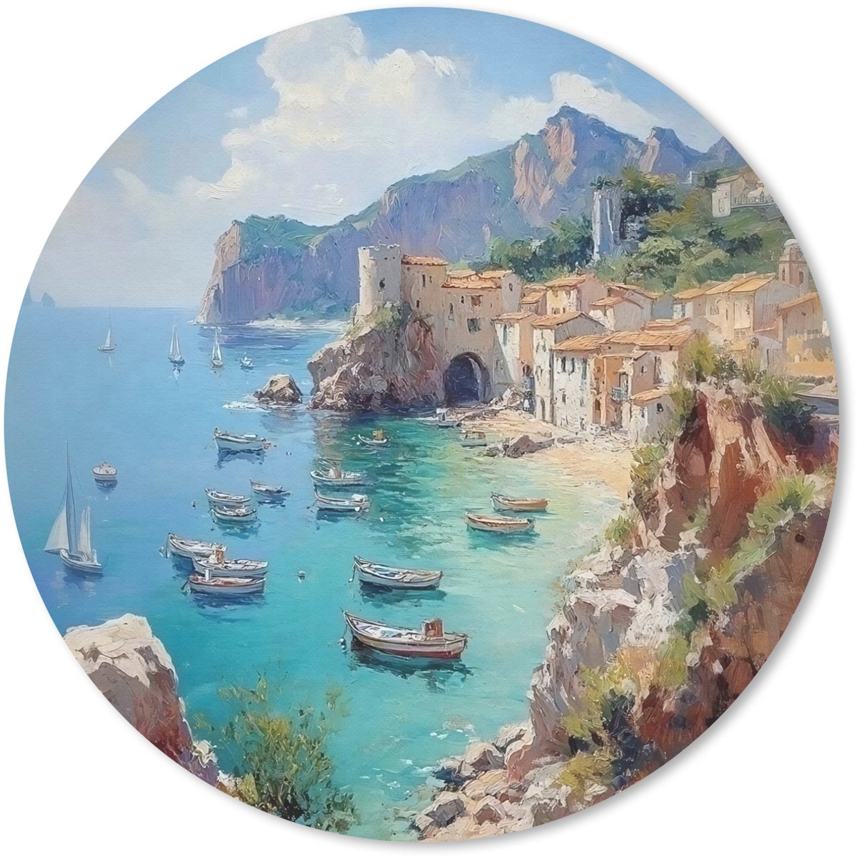 Muismat rond 50x50 cm - Mousepad Kustdorp - Schilderij - Rotsen - Boten - Ronde muismatten