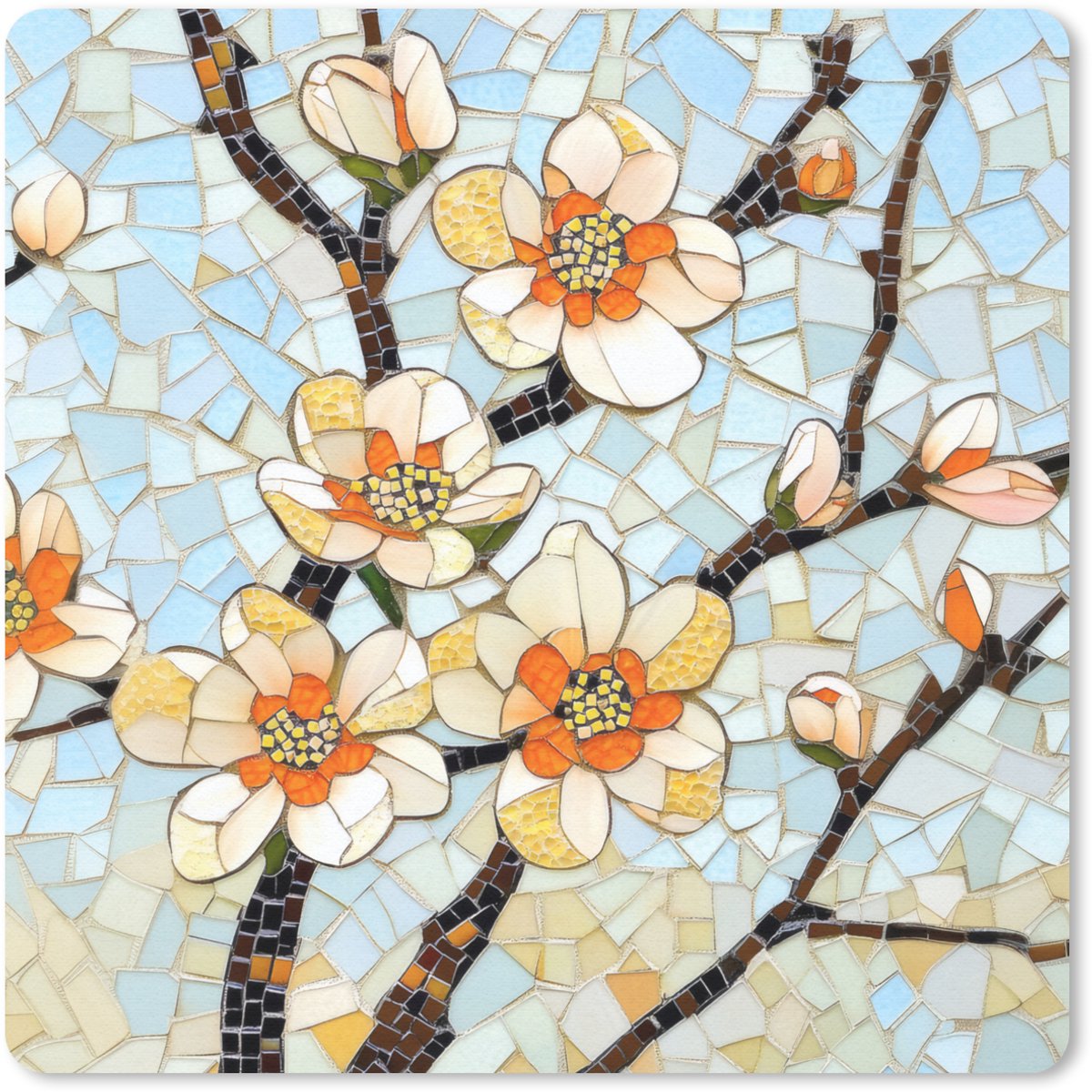 Muismat 30x30 cm - Mousepad Bloesems - Wit - Mozaïek - Tak - Muismatten