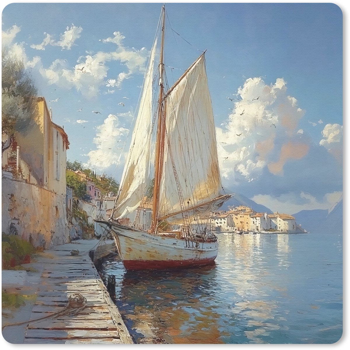 Muismat 20x20 cm - Mousepad Zeilschip - Huizen - Kade - Zee - Muismatten