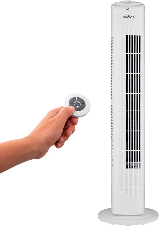 MEDION E11 TF Torenventilator met afstandsbediening (3 snelheden, stille slaapmodus, 45 W, horizontale oscillatie 60°, timer, MD12067) wit