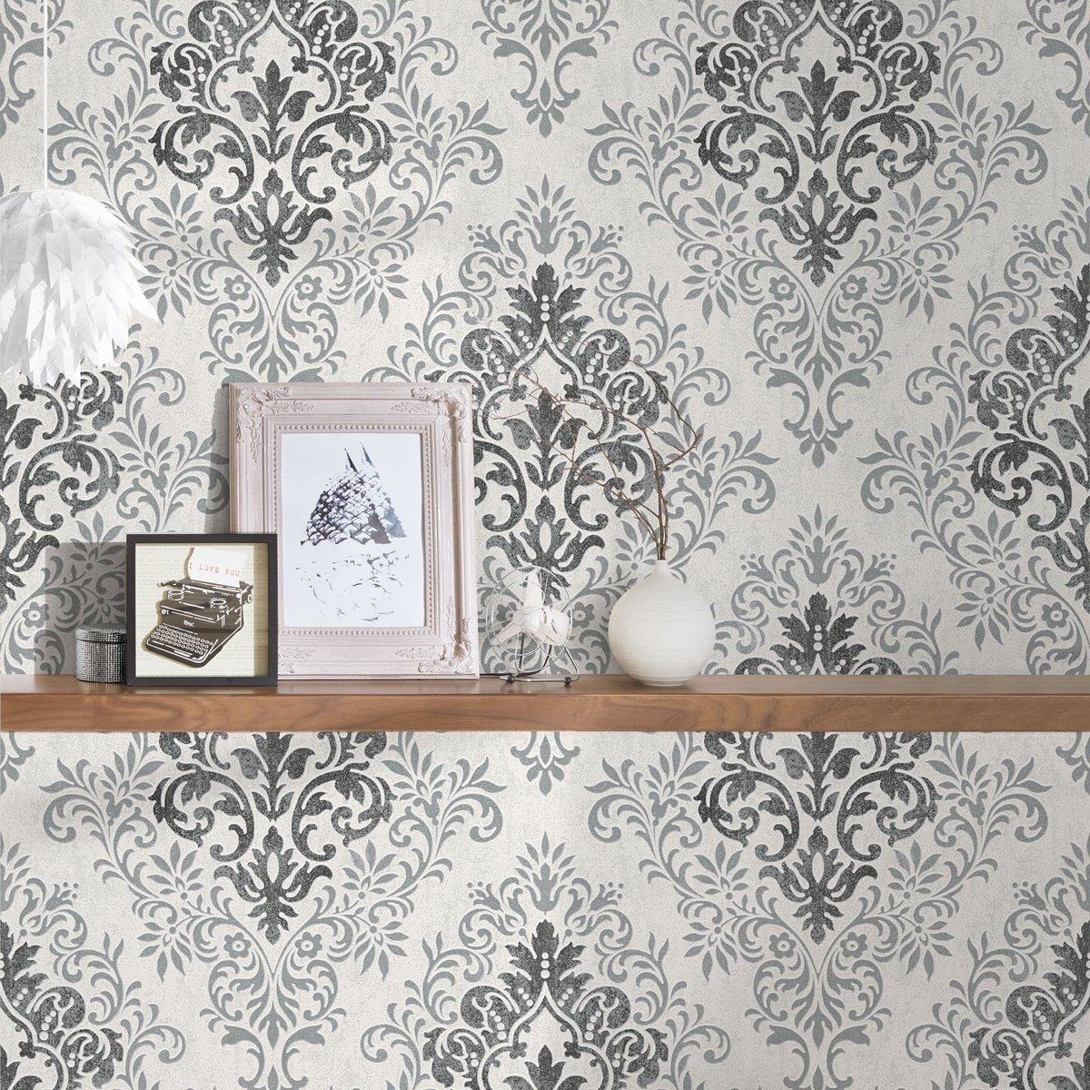 Barok behang in grijs zwart, Luxe behang met glittereffect perfect voor woonkamer en slaapkamer 33924-1, Vliesbehang Damast stijl 339241, BRICOFLOR.nl