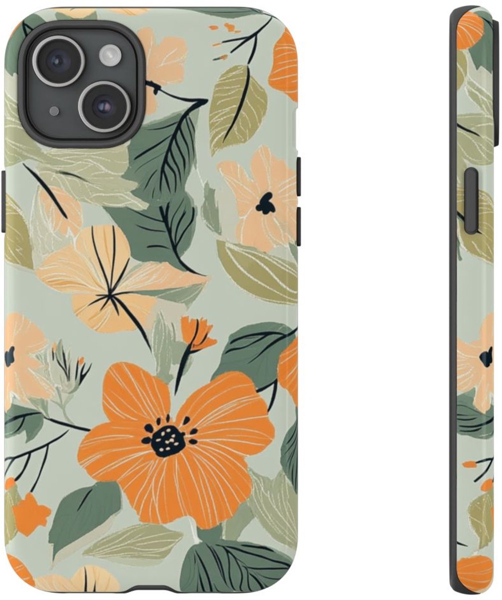 Oranje en Perzik Bloemenpatroon – Telefoonhoesje Geschikt voor iPhone 15 Plus