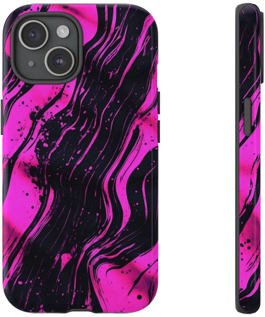 Neonroze en Zwart Abstract Patroon – Telefoonhoesje Geschikt voor iPhone 15