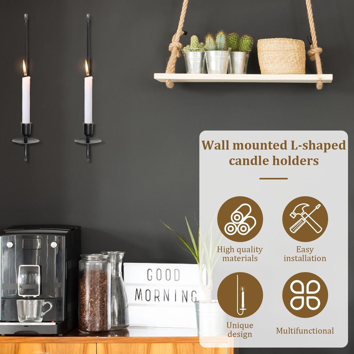 Ibenzoa® Zwarte L-vormige wandkandelaar set van 2 voor stijlvolle muurdecoratie in huis — cadeau in Wonen & Interieur - foto 6