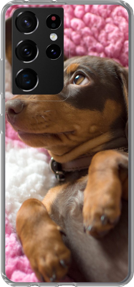 Telefoonhoesje Geschikt voor Samsung Galaxy S21 Ultra hoesje - Een Teckel puppy op een roze deken - Siliconen Telefoonhoesje Telefoonhoesje