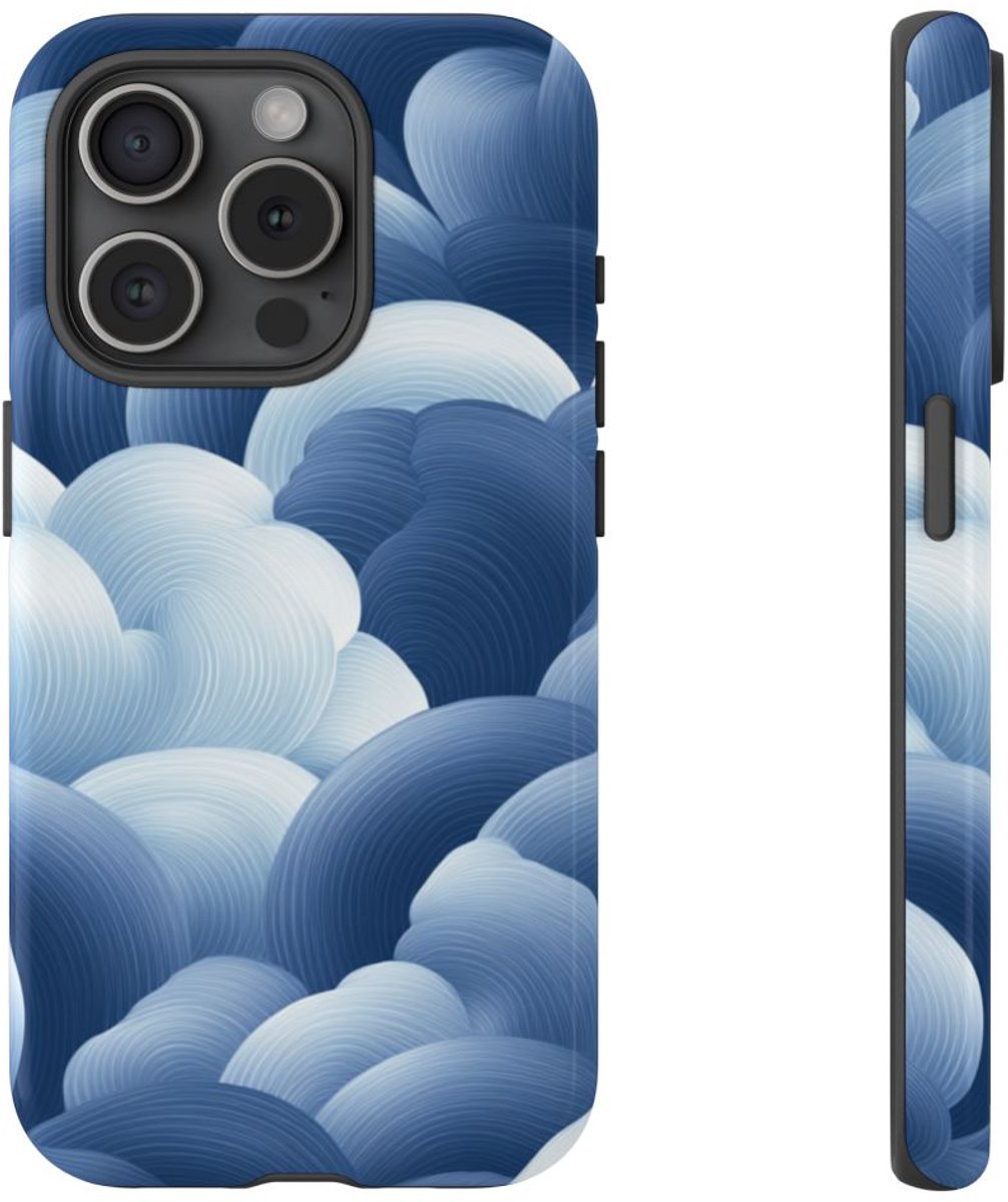 Blauw-Wit Wolkenpatroon – Glanzend Stevig Telefoonhoesje Geschikt voor iPhone 15 Pro