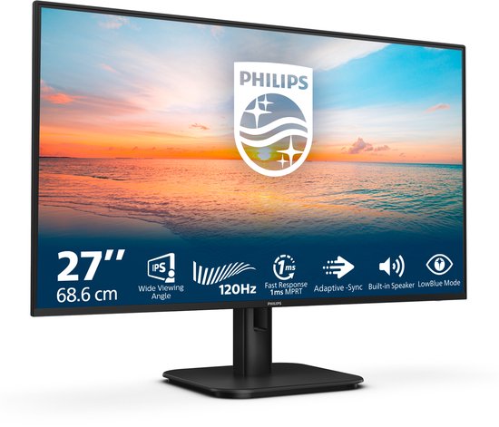 Zijaanzicht van Philips 27-inch monitor met IPS-paneel, 120Hz, 1ms MPRT, Adaptive-Sync en ingebouwde luidsprekers.