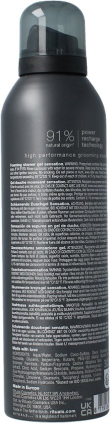 Grijze Rituals douchefoamspray met donkergrijze dop, achterkant met productinformatie.
