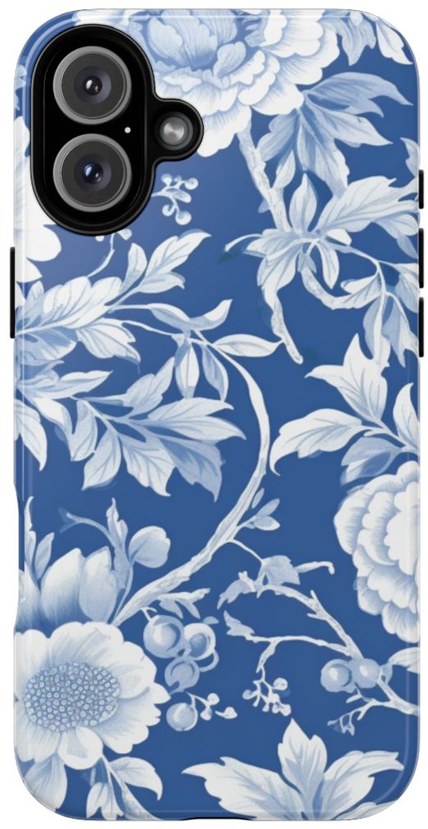 Blauw-Wit Bloemenpatroon – Telefoonhoesje Geschikt voor iPhone 16 Plus
