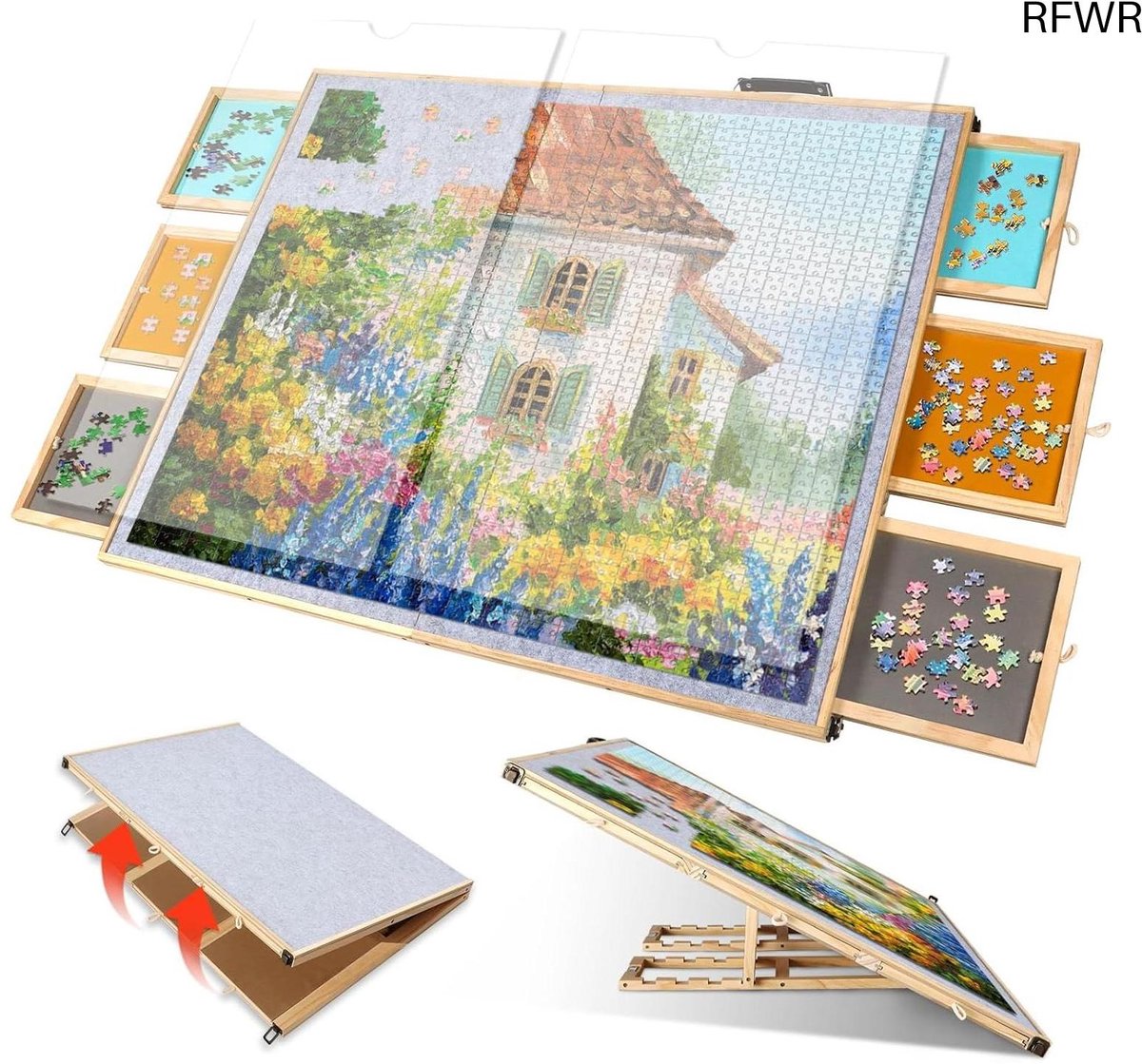 RFWR® 2-in-1 Kantelbaar en Opvouwbaar Puzzelbord met 6 Lades en 2 Hoezen voor Volwassenen - Houten Legpuzzeltafel voor 2000 Stukjes
