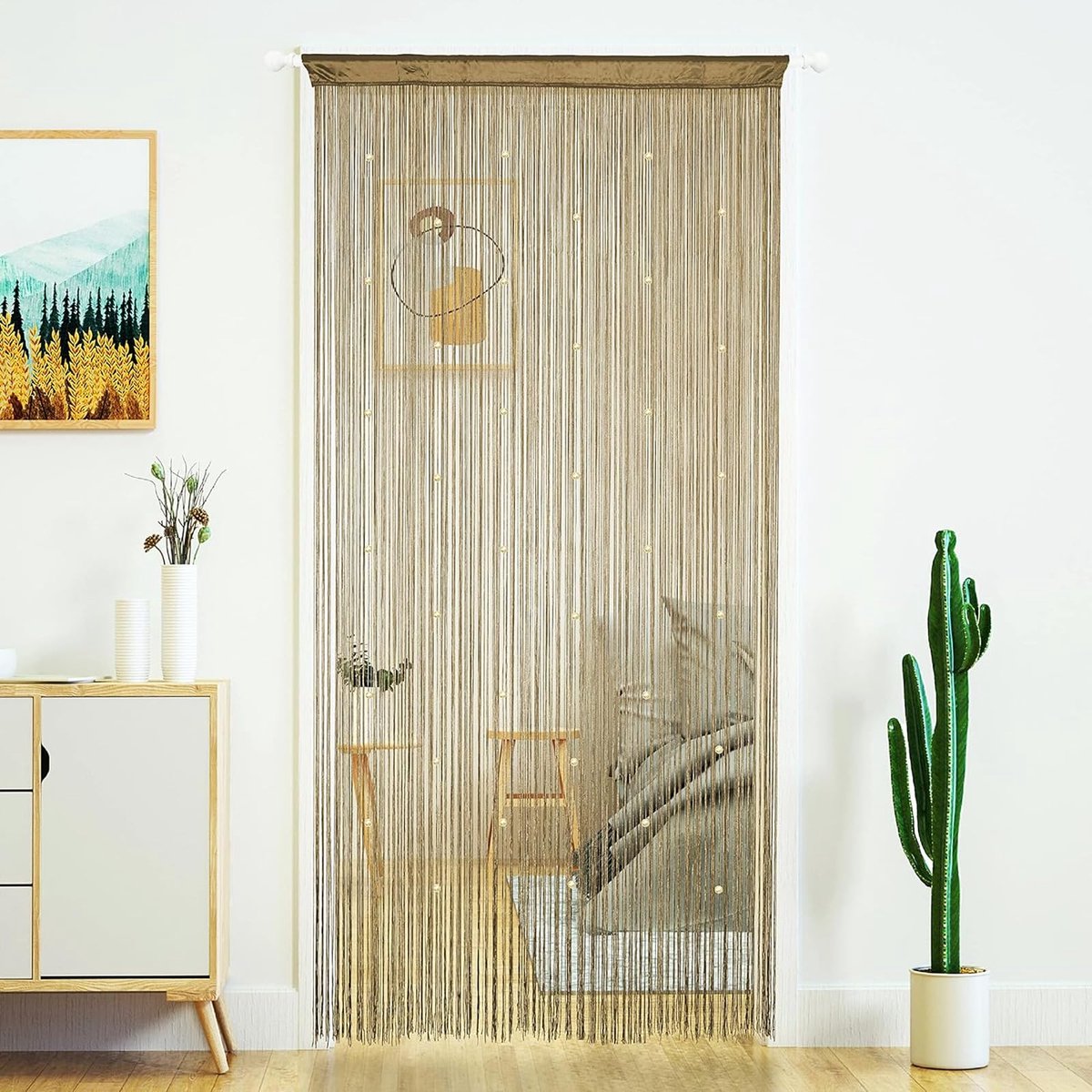 Ibenzoa® Draadgordijn met parels voor deuren en balkons in champagnekleur - 100x200 cm