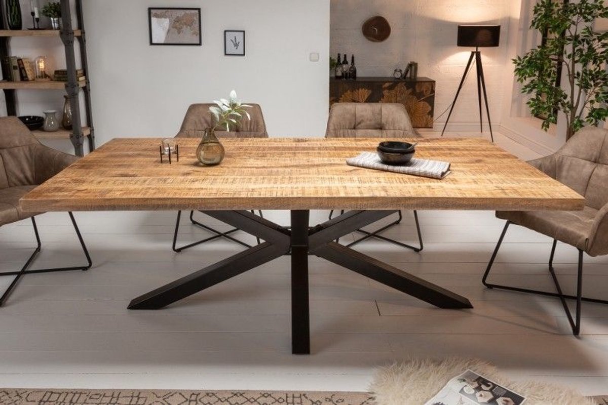 Massieve industrieele eettafel GALAXIE 200cm mangohouten stervormig frame - 39444