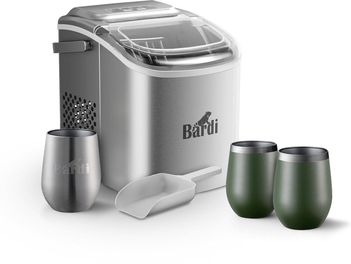 Bardi Deluxe IJsblokjesmachine Set 1,2 Liter RVS - 12KG IJsblokjes in 24 uur - met IJsschep - Inclusief 3 Luxe Thermosbekers en Ijsschep - Groen