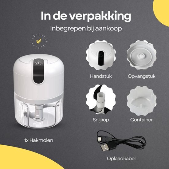COCHO® Hakmolen elektrische - USB oplaadbal - Mini Portable Chopper - 250ml - Wit - Groentesijder van COCHO® — afbeelding 4