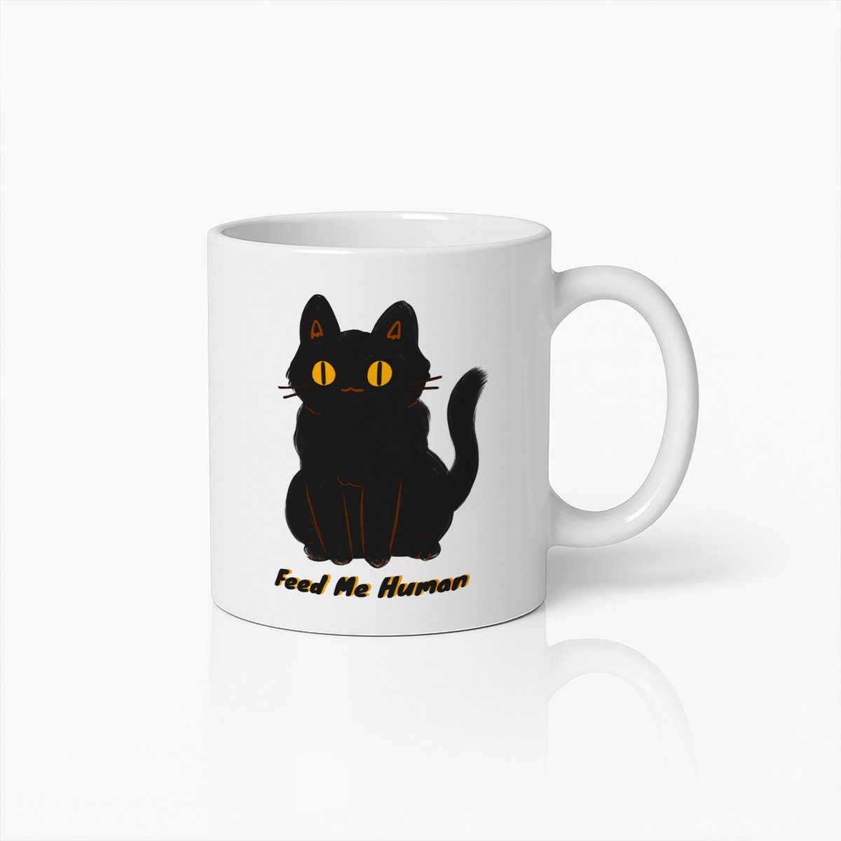 Zwarte Kat Cartoon Mok met 'Feed Me Human' Tekst – Schattige Keramische Koffiebeker voor Kattenliefhebbers