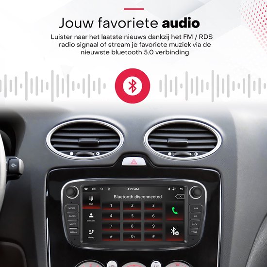 Autoradio met Bluetooth verbinding icoon op het scherm, in een auto dashboard. Visuele weergave van geluidsgolven.