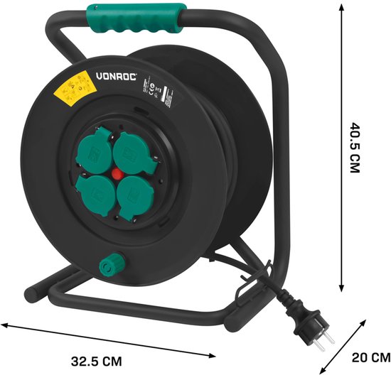 VONROC PRO Kabelhaspel 25m – IP44 – Neopreenkabel H07RN-F 3x1,5 mm² – 4 geaarde Schuko stopcontacten – 3000W (uitgerold)/1100W (opgerold) – Vaste kern – Thermische beveiliging