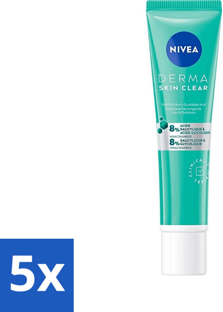 NIVEA - Nacht Exfoliant - DERMA Huidzuiver Dagelijkse Verzorging - Met Salicylzuur (AHA), Glycolzuur & Niacinamide - Tegen Acne & Mee-eters - 40 ml - Bulkverpakking - 5 stuks