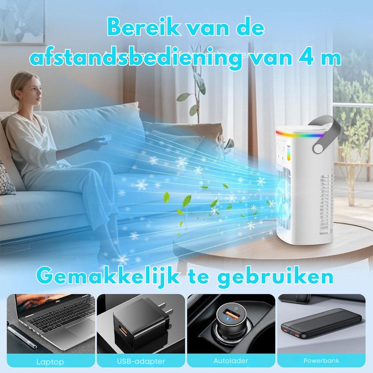 4-in-1 Mobiele Airco Zonder Afvoerslang – Met Afstandsbediening - Mobiele Airco Voor Slaapkamer Zonder Slang – Mini Airco - Ventilator - Airconditioning – Aircooler Met 3 modussen thumbnail 6