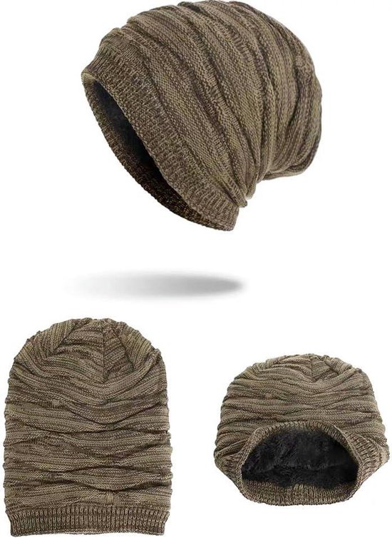 Warme fijn gebreide beanie winter muts met gevlochten patroon grof gebreid voor mannen & vrouwen winter muts met zeer zachte voering, unisex (Beige