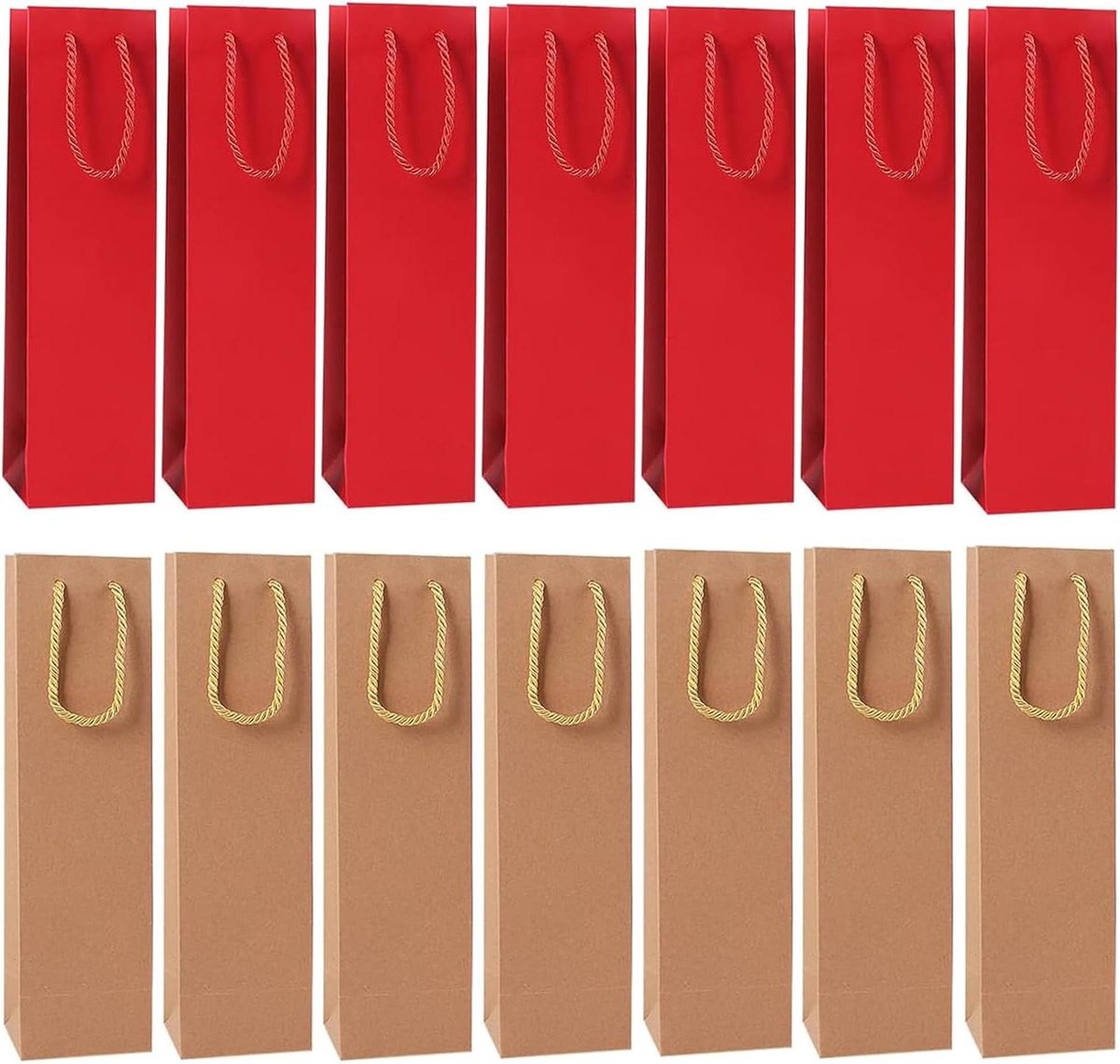 Wijngeschenktasje: 16 stuks geschenkzakjes van kraftpapier | Enkele fles wijntas voor Kerst, jubileum, verjaardag | Feestelijk geschenkverpakking voor wijn - kaki en rood