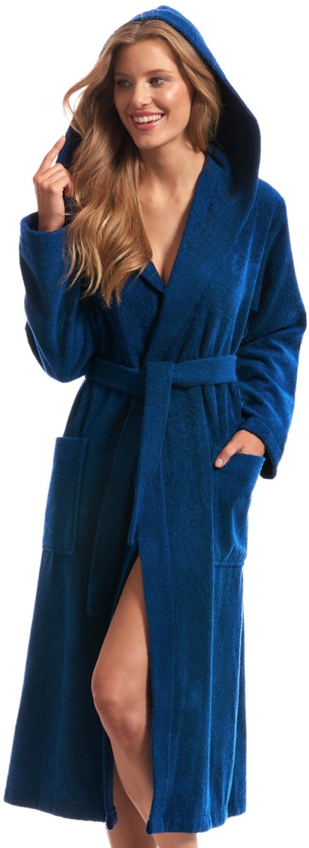 Ibenzoa Comfortabele wellness badjas dames van 100% katoenen badstof met capuchon en zakken donkerblauw