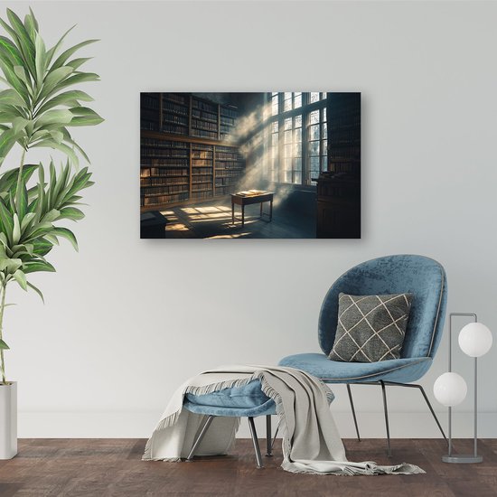 Zonovergoten klassieke bibliotheek - Bibliotheek glazen schilderij - Kunst boeken - Realisme - Schilderij op plexiglas - Klassieke schilderijen - acrylglas 60x40 cm