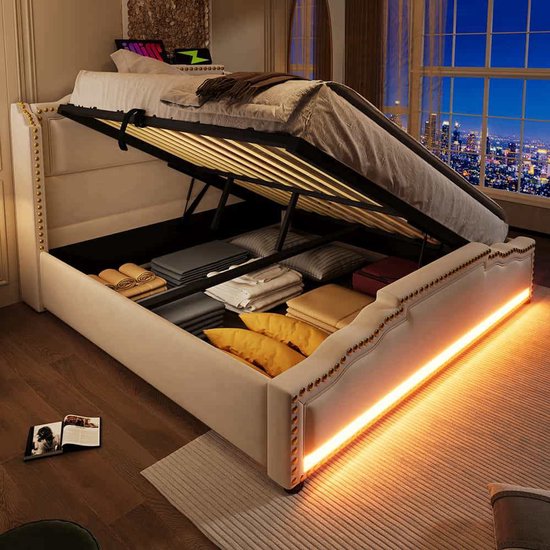 PUGSDRLY Bed 140 x 200 cm met lattenbodem, tweepersoonsbed met opbergruimte, kofferbed met kleurveranderende ledverlichting en USB-stopcontact, volwassenenbed, plat bed, gestoffeerd bed, zonder