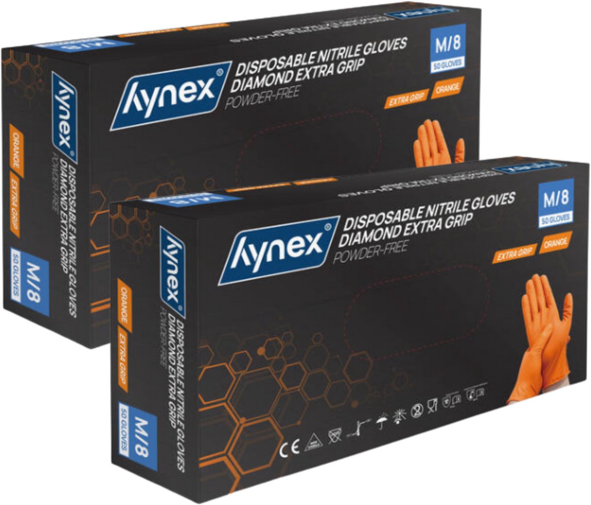 Hynex Diamond Extra Grip Nitrile PF (2x stuk) 8,0 gr - M - Orange – 50 box