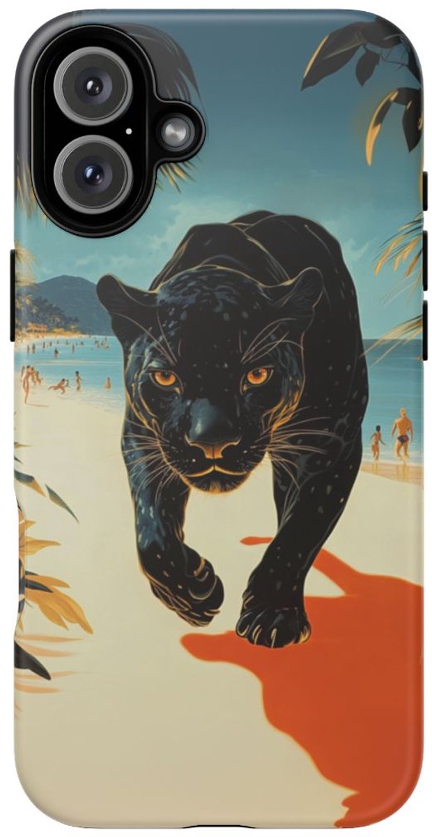 Elegante Zwarte Panter op het Strand – Telefoonhoesje Geschikt voor iPhone 16 Plus