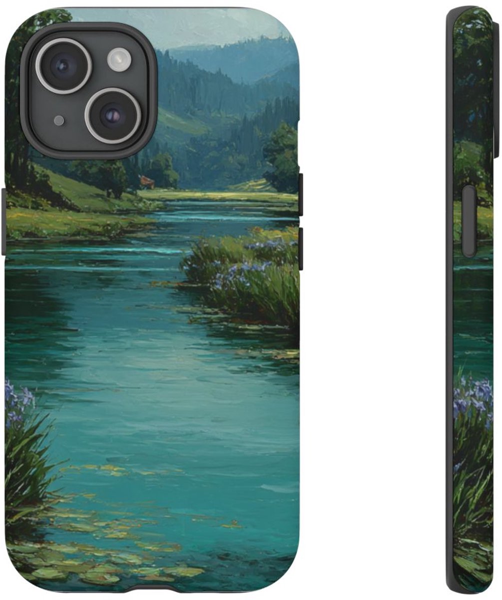 Blauwe Iris Rivierlandschap – Telefoonhoesje Geschikt voor iPhone 15