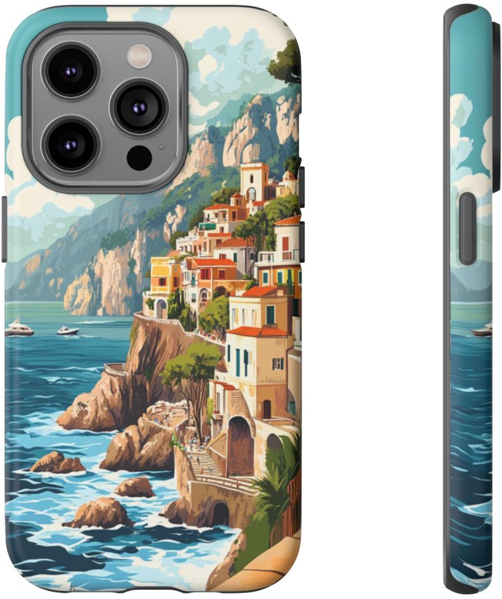 Retro Illustratie van de Amalfikust – Telefoonhoesje Geschikt voor iPhone 14 Pro