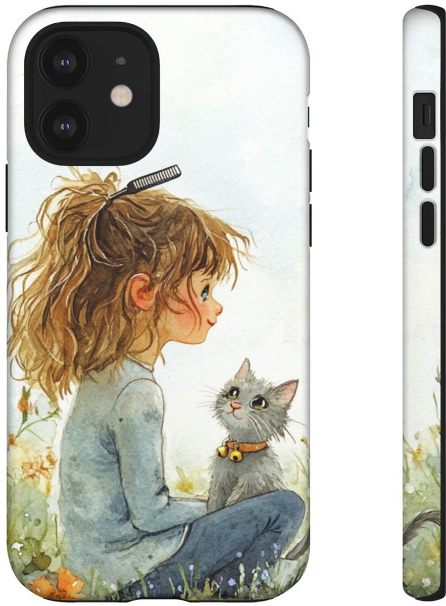 Meisje met Katje in Bloementuin Waterverf – Telefoonhoesje Geschikt voor iPhone 12