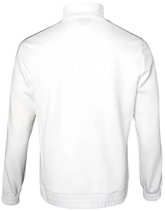Arrière d'une veste d'entraînement blanche pour homme avec rayures vert foncé sur les manches.