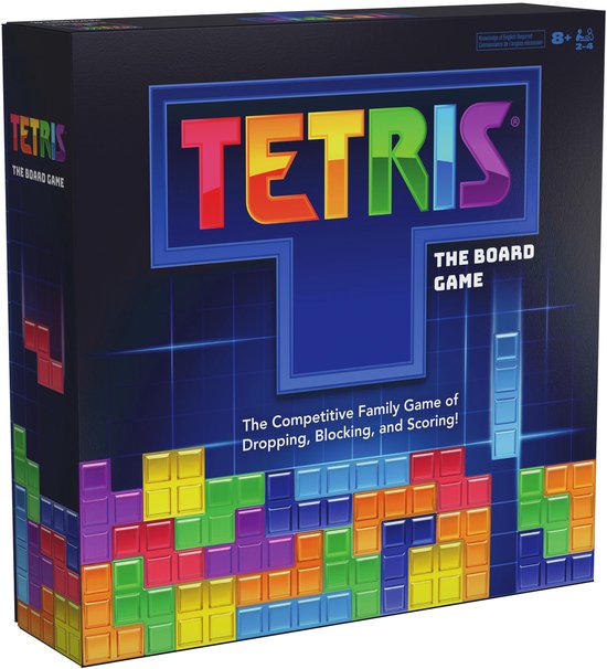 Zijaanzicht van de doos van het bordspel Tetris, met de T van Tetris in regenboogkleuren en vallende blokjes.