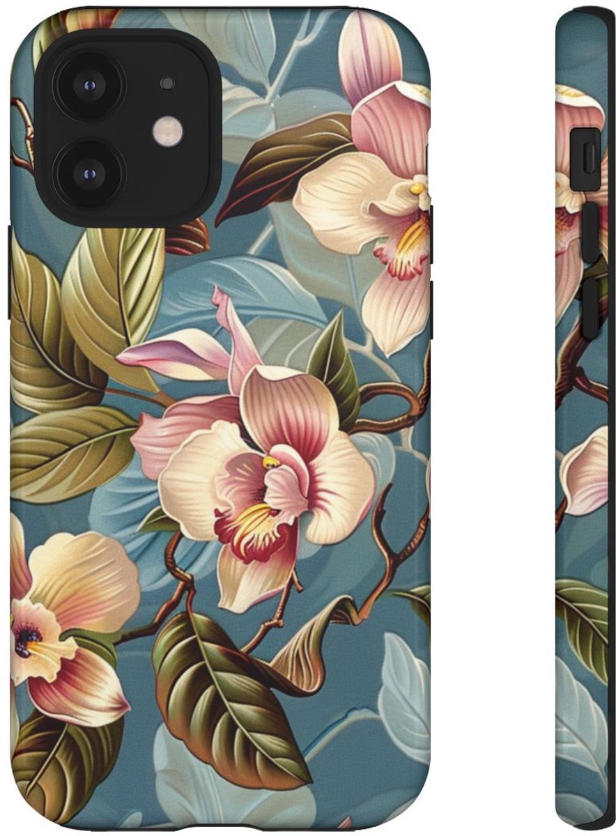 Orchideeën Bloemenpatroon op Blauwe Achtergrond – Telefoonhoesje Geschikt voor iPhone 12