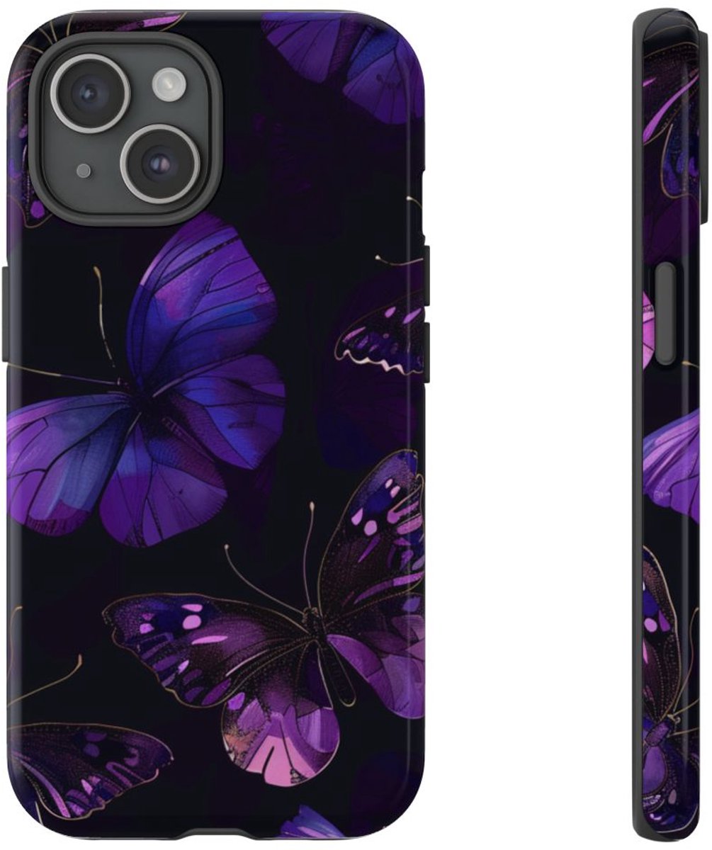 Paars Vlinderpatroon – Telefoonhoesje Geschikt voor iPhone 15