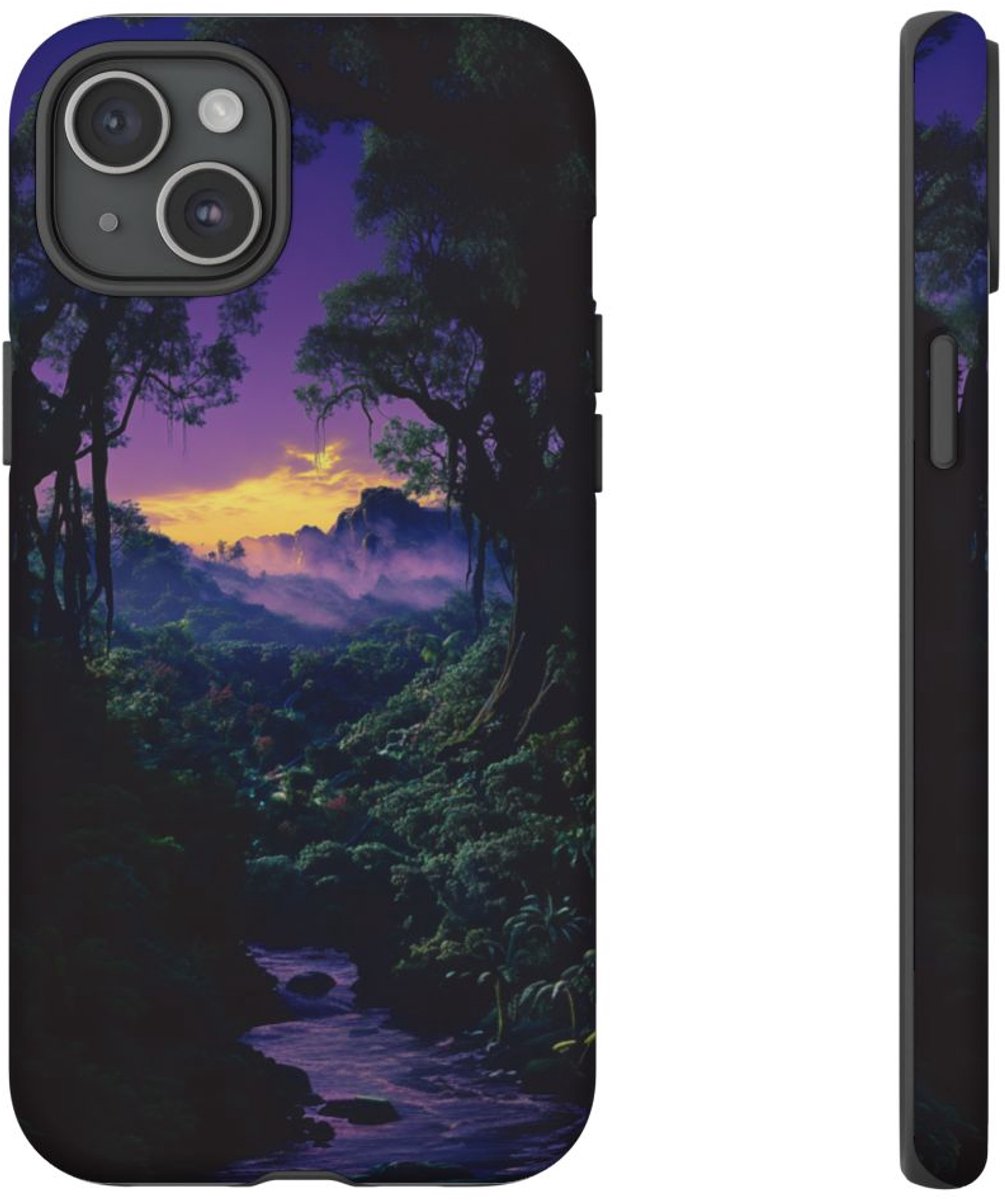 Sprookjesachtige Jungle Zonsondergang – Telefoonhoesje Geschikt voor iPhone 15 Plus