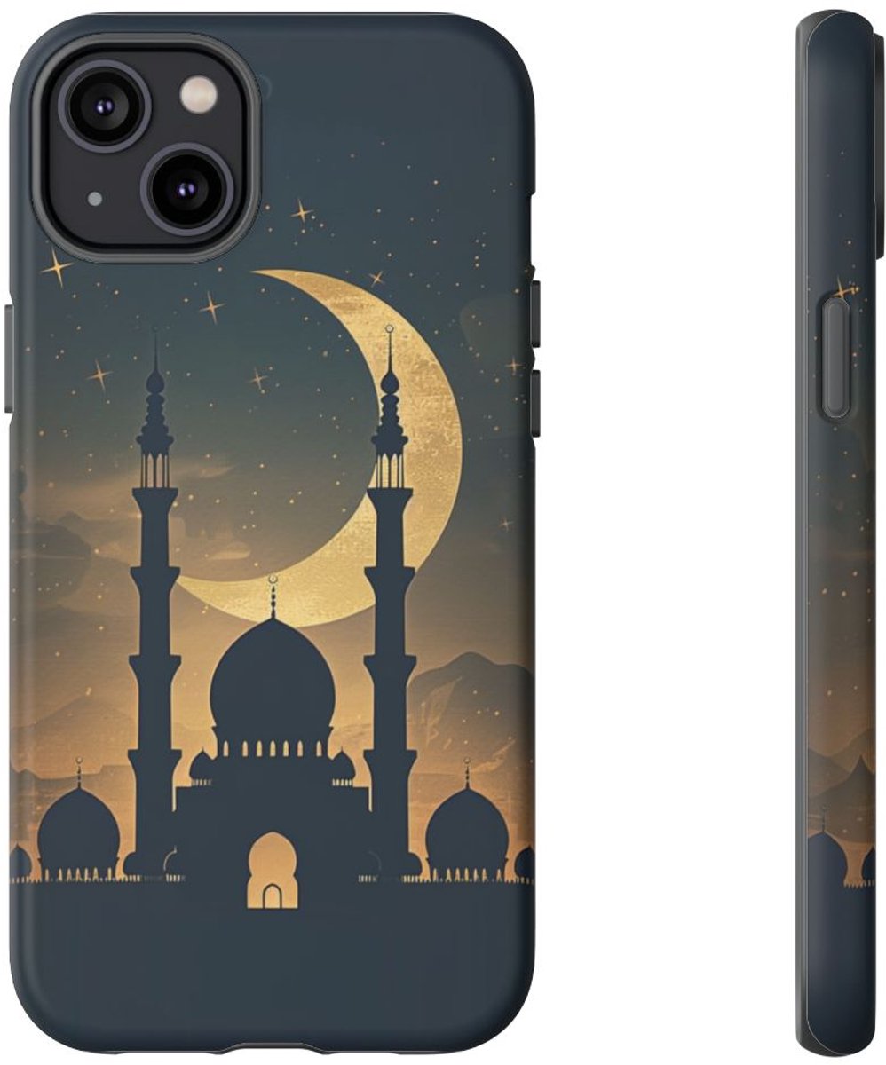 Sikkelmaan en Moskee Silhouet – Telefoonhoesje Geschikt voor iPhone 14 Plus
