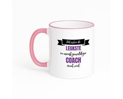 Hacebo® - Leukste coach eruit ziet koffiebeker met gekleurde rand roze - Coach - beste coach - thee mok - koffie beker - sport - verjaardagscadeau - klein cadeautje - kado - gift - geschenk - verrassing - koffiemok - 330 ML