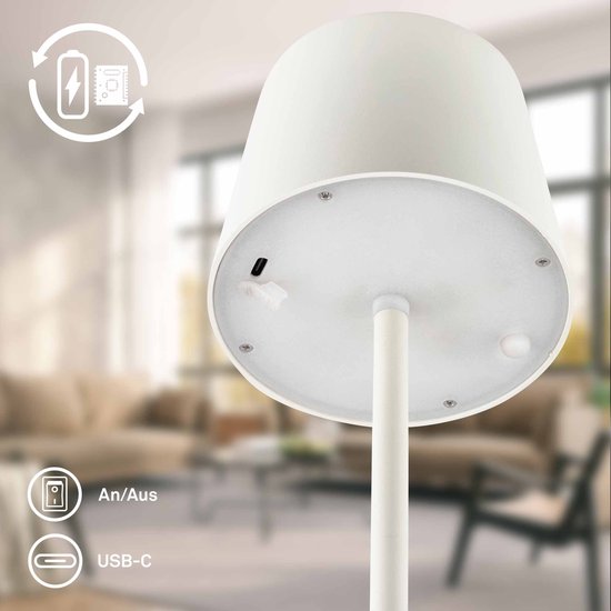 Briloner SUTA - Lampe de table rechargeable - 7670016 - Intensité variable - Fonction tactile - Protection contre les éclaboussures IP44 - Couleur de lumière blanc chaud - Batterie et source lumineuse interchangeables - Ø11 x 33 cm - Blanc vieilli