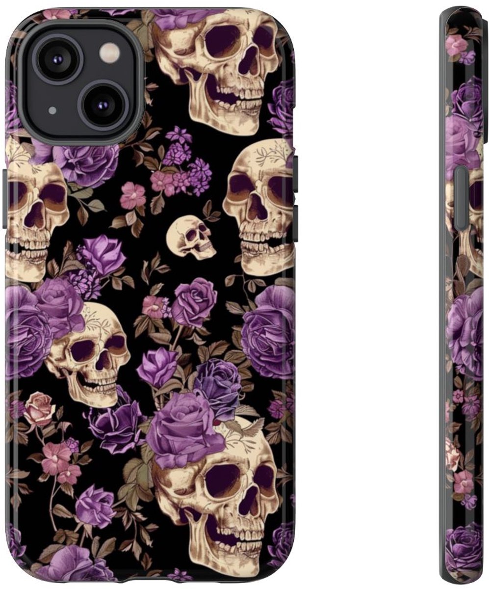 Paarse Rozen en Schedels Patroon – Telefoonhoesje Geschikt voor iPhone 14 Plus