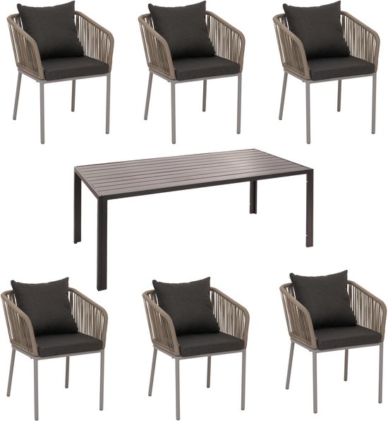 Tuinset MCW-N41, tafel+6xstoelen, weerbestendig aluminium 180x80cm, rope wicker Touw ~ lichtgrijs, kussens donkergrijs