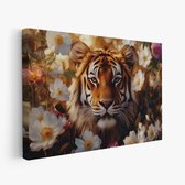 FineArtia - Majestueuze tijger tussen bloemen - Canvas Schilderij - 90 x 60 cm - Woonkamer Decoratie - Bruin;Oranje - Slaapkamer Schilderij - Wanddecoratie