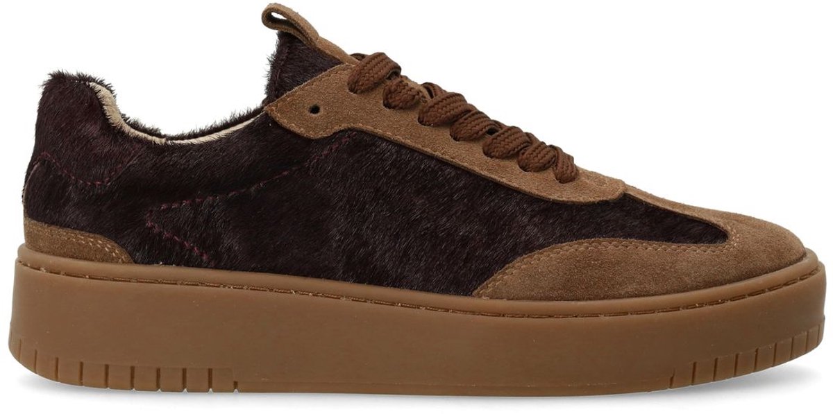 Sacha - Dames - Bruine suède sneakers met burgundy pony hair - Maat 39