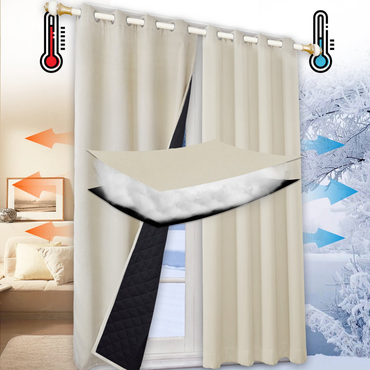 Qelus 100% Opaque Warmte-Koud Isolerend Gordijn met Ringen - Blokkeert Geluid - 1 stuk Verduisteringsgordijnen voor Woonkamer & Slaapkamer - 132x244cm - Voor Winter & Zomer - Gratis Bindband - Beige