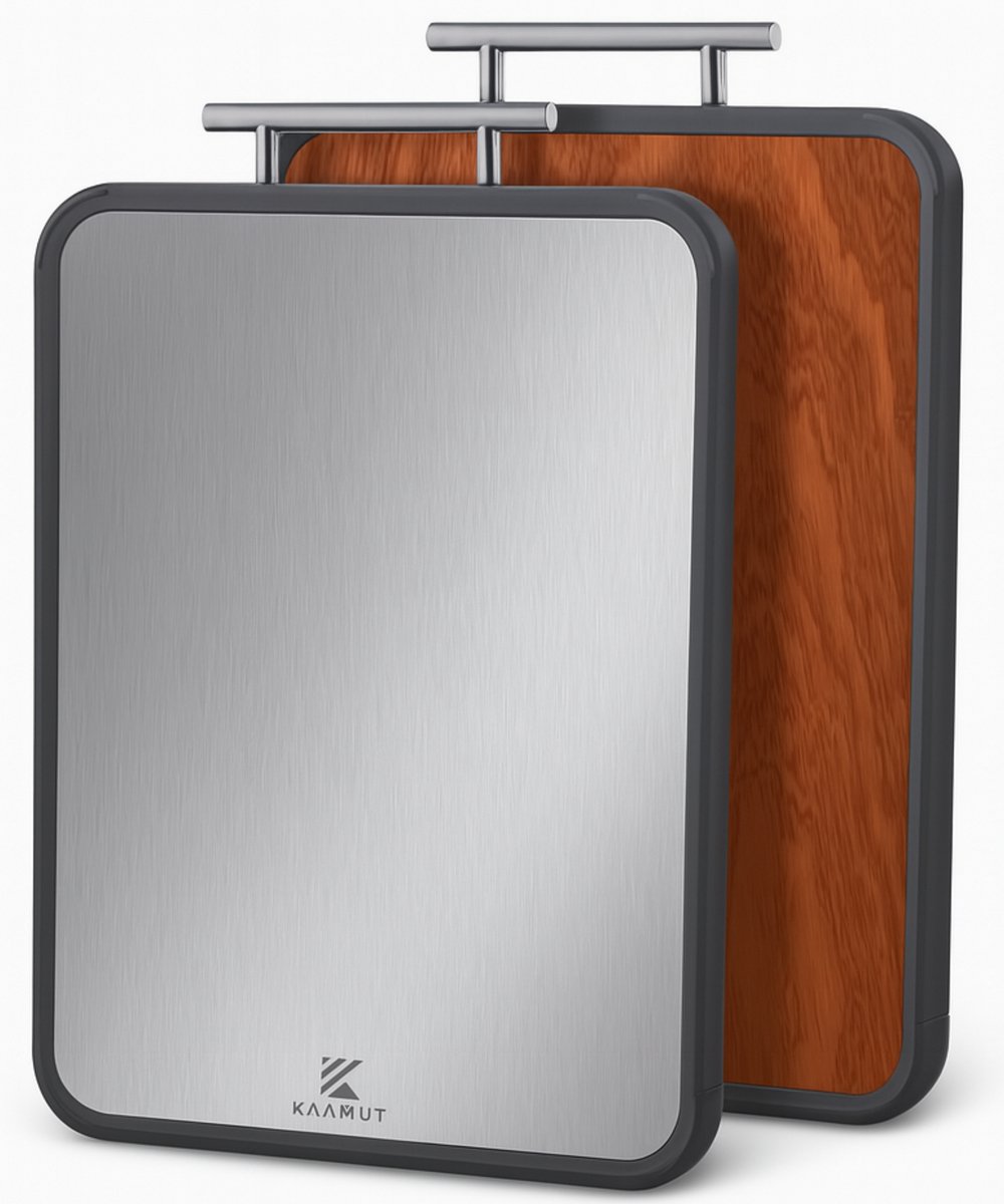 KAAMUT® Titanium Snijplank – Dubbelzijdig – Titanium & Massief Hardhout – Met RVS Handvat – Hygiënisch & Microplasticvrij – Duurzaam & Mesvriendelijk