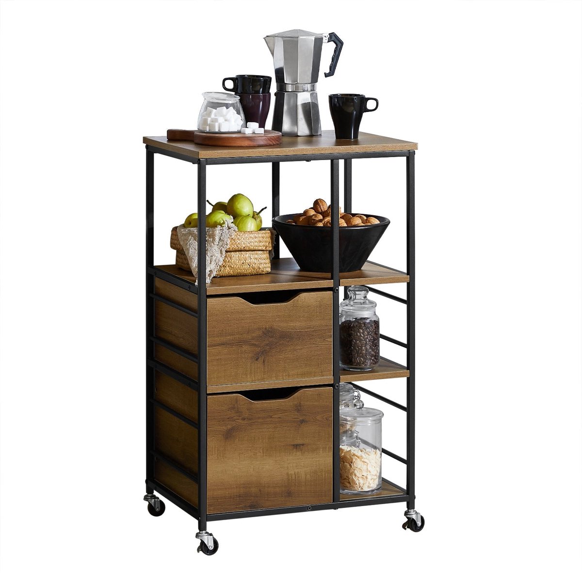 SoBuy Keukentrolley met 3 Laden en 3 Planken, Multifunctionele Buffet Serveerwagen, Opbergkast, Bruin, 53x37x89 cm, FKW111-PF