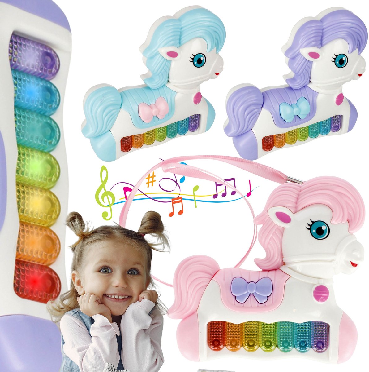 DRAAGBARE piano voor kinder EENHOORN, muziekspeeltje, piano met riem, LICHT & GELUID 3+