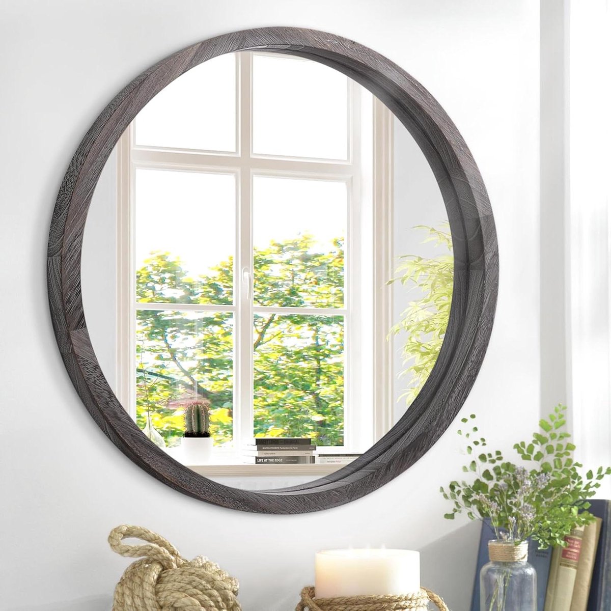 Smoakez - Ronde spiegel 60cm - Antiek grijs - Houten frame - Badkamer spiegel - Muurdecoratie - Woonkamer - Slaapkamer - Studentenkamer - Decoratief